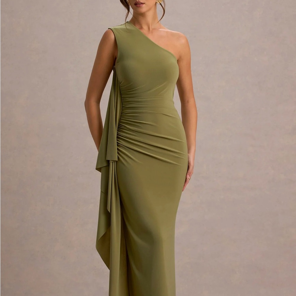 Elegant Olive Green One-Shoulder Dress